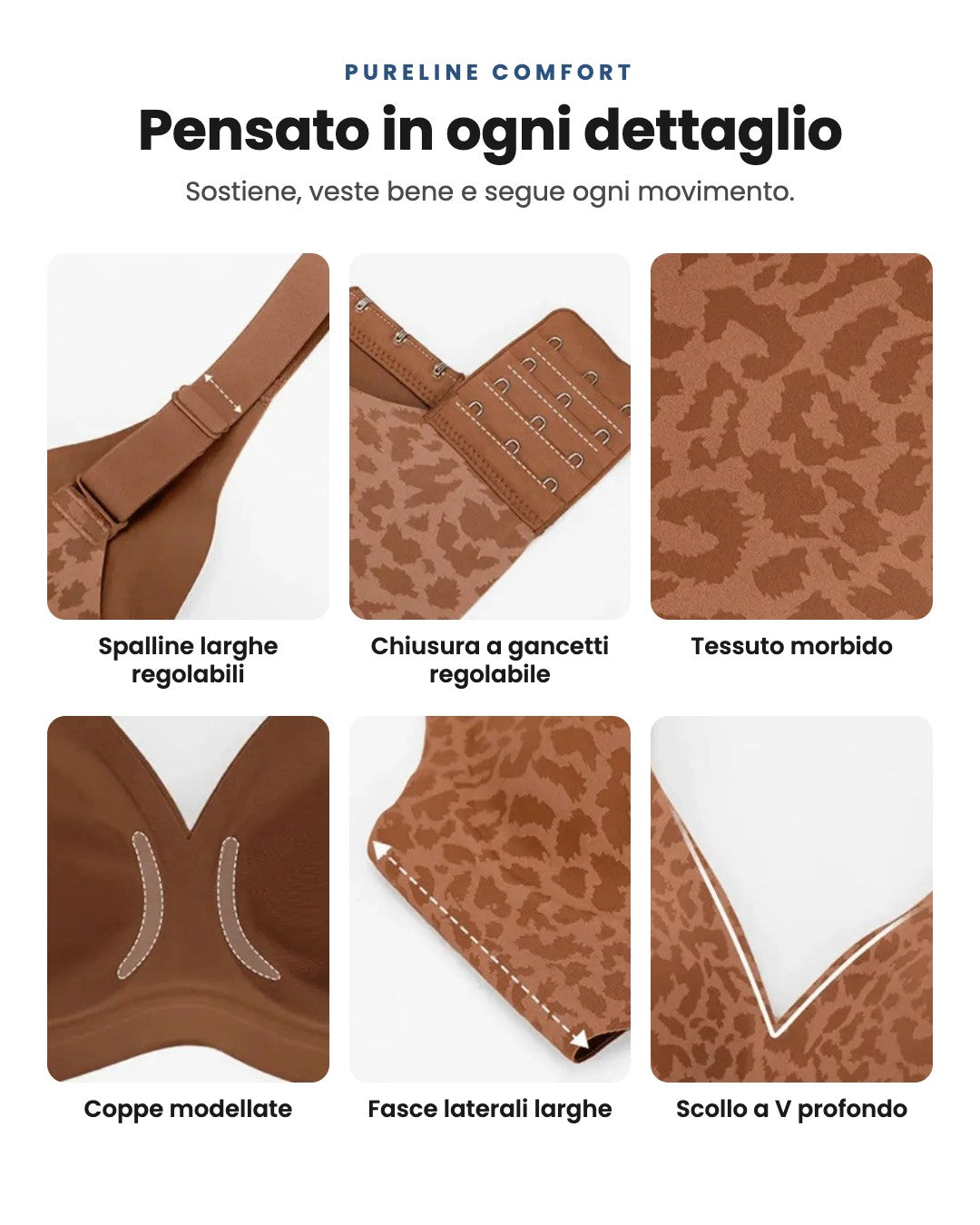 Reggiseno Pureline Comfort: i dettagli — spalline larghe regolabili, chiusura a gancetti, tessuto morbido, coppe modellate, fasce laterali larghe, scollo a V